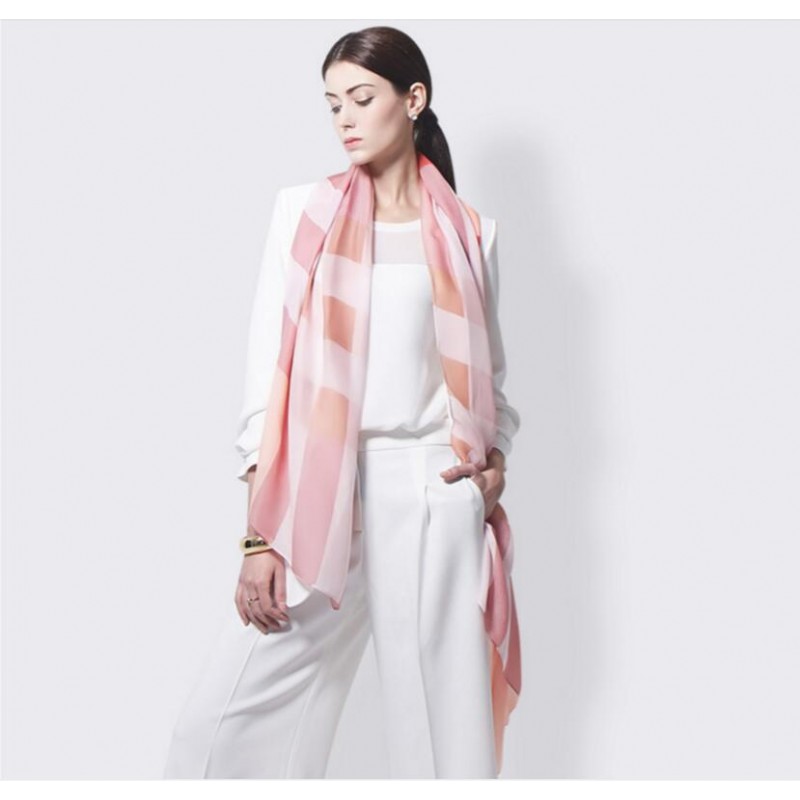 Pure Silk Scarf Pink Plaid Women Summer Scarf